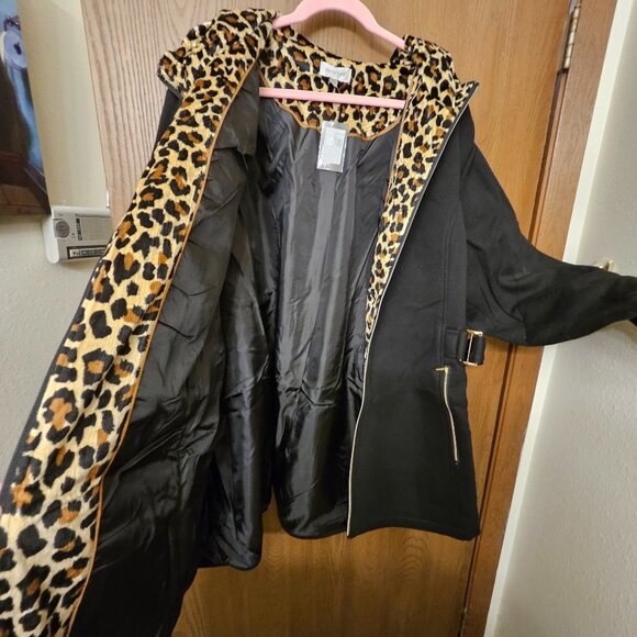 Avenue Women's Plus Size Side Tab Black & Leopard Fleece Jacket NWT Hood 30/32 - Picture 1 of 10